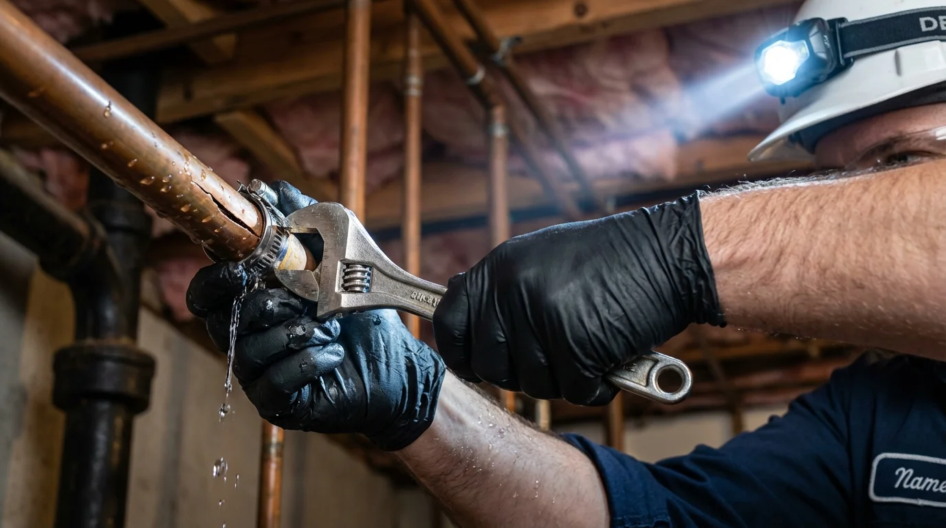Emergency pipe clamp repair being performed by a Johns Plumbing LLC plumber in Bowling Green