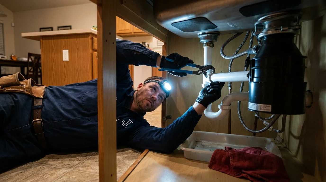 P-trap and supply line connections under a kitchen sink showing a common leak point in Bowling Green, FL